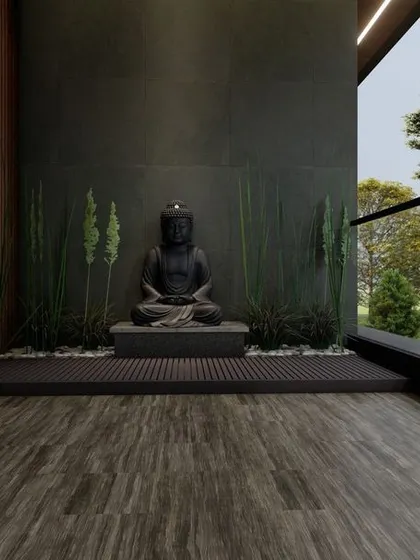 I often incorporate elements of tranquility into my designs. This proposed balcony decor features a Buddha statue and a zen garden setup, creating a perfect spot for meditation.