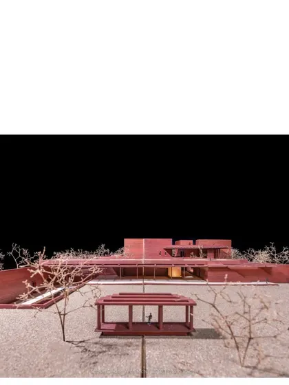 A model of the Tiruppur house, showing the relationship between the built form and the landscape. We use these models to study light, space, and the overall composition before construction begins.