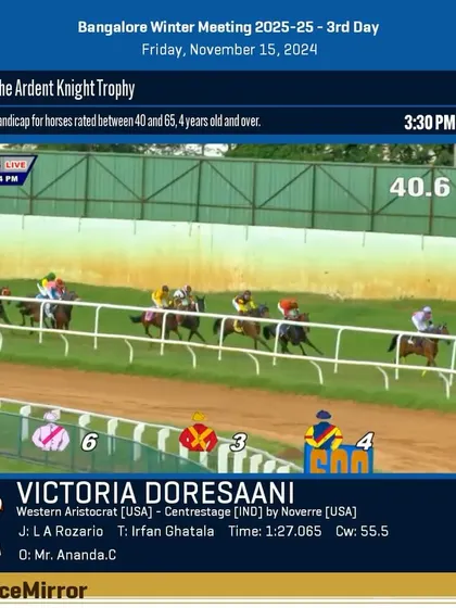 Race 5 results from November 15, 2024: Victoria Doresaani wins The Ardent Knight Trophy.