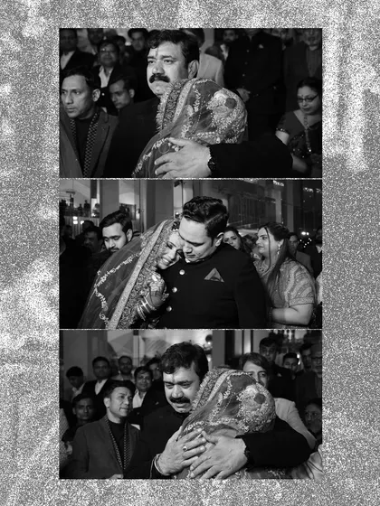 A collage of emotional farewell moments from a wedding. These black and white photos capture the tearful hugs with family, preserving the depth of these powerful goodbyes.
