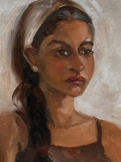 A close-up of my oil portrait of Simran. This was a tough one, as painting a profile accurately requires careful attention to light and shadow. It was a great challenge and a learning experience.