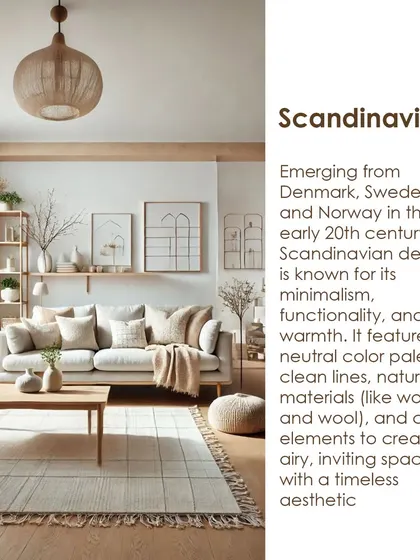 An introduction to Scandinavian design, known for its minimalism, functionality, and warmth. This style uses neutral palettes, clean lines, and natural materials to create airy, inviting spaces.