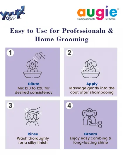 Our professional conditioner is easy to use for both home and salon grooming. Just dilute, apply after shampooing, massage in, and rinse thoroughly for a silky, easy-to-comb finish.