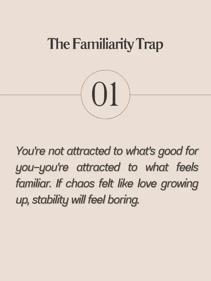 **Here is why you keep attracting the wrong people.** It's not you; it's your programming. You're not attracted to what's good for you, but what feels familiar (the familiarity trap). You see potential instead of reality (the projection problem). Your subconscious is running a program you didn't even install, but you can overwrite it.