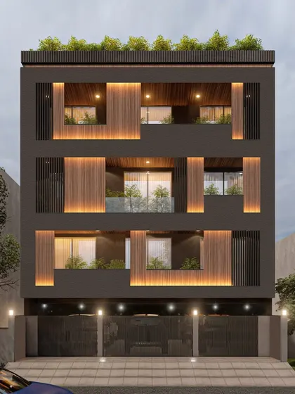 This building facade demonstrates a playful yet sophisticated use of geometry and materials. Recessed windows framed with wood panels and integrated backlighting create a dynamic visual rhythm and a unique architectural identity.