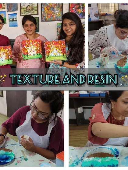 This collage highlights the texture and resin art created during one of our Sunday workshops. See participants proudly displaying their autumn-themed texture paintings and vibrant resin beach art.
