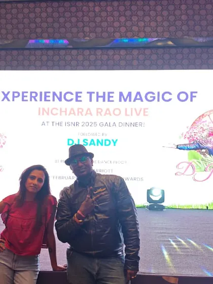 Posing with SIIMA Award-winning singer Inchara Rao. I provided the DJ and AV production for this gala dinner, collaborating with celebrity artists.