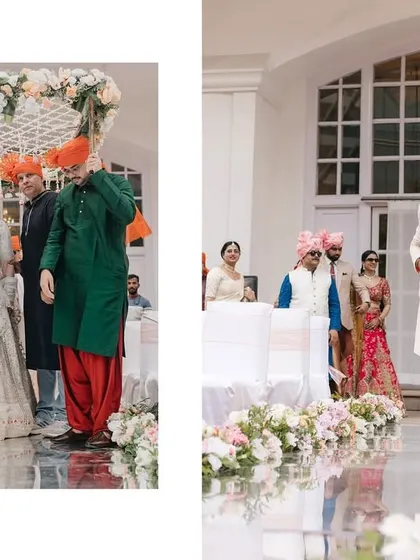 The bride's entrance under a 'phoolon ki chaadar' and the groom's stylish walk down the aisle, capturing the traditional entries.