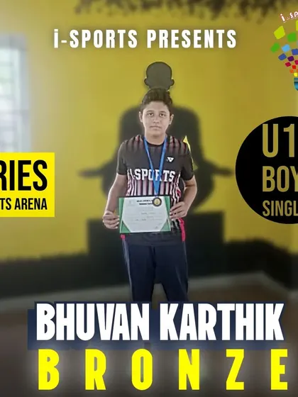 Bhuvan Karthik's impressive achievement at Aries Sports Arena, securing a Bronze medal in U15 Boys Singles for his first career title.