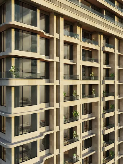 A close-up of the residential facade, where the design's order and rhythm are evident. Every element aligns with intent, from the symmetrical grid layout to the carefully articulated massing of the structure.