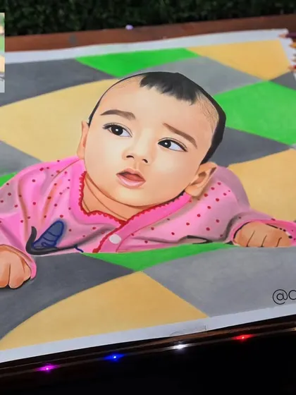 An incredibly detailed A1 size colored pencil drawing of a baby. The large scale allows for hyper-realistic skin tones and captures the baby's curious expression perfectly.