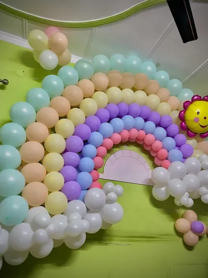 A wide shot of the beautiful rainbow balloon creation.