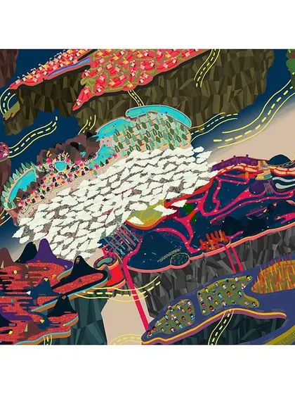 This is another imaginative landscape from our H K Kejriwal Young Artist Awards exhibition. The artist uses a rich, complex palette and layered patterns to create a topographical map of a fantasy world.