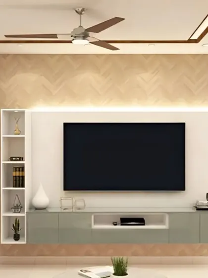 This design features a textured, light-wood herringbone panel behind the TV. The floating console in grey and white provides a sleek, modern contrast, with open and closed shelving for versatile storage.