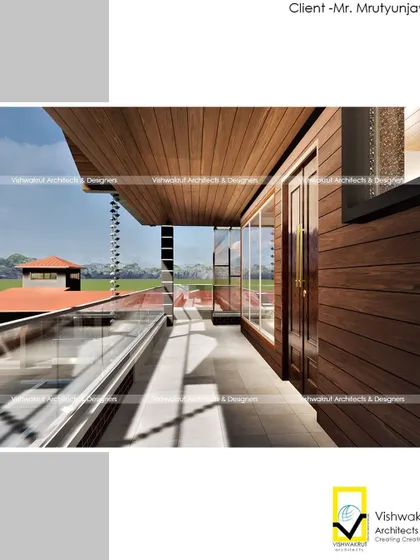 A render of the villa's upper-floor balcony. The design features wood-paneled ceilings and a glass railing to ensure unobstructed views, blending modern materials with natural textures.