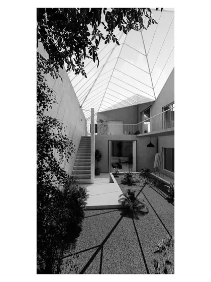 Renderings of the 'House with Three Gables', an unbuilt project that remains an important exploration for our studio. The design features a sunken court and a dramatic gabled glass roof, creating a light-filled home that is deeply connected to its landscape.