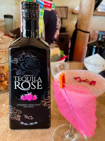 A creamy and decadent cocktail made with Tequila Rose Strawberry Cream Liqueur. The pink color is complemented by a matching edible leaf garnish.