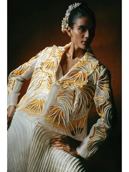 A beautifully tailored jacket from the Vaishali S collection. The warm lighting and confident pose give this shot a sophisticated and powerful commercial appeal.