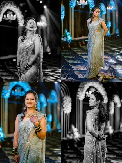 A collage of bridal portraits of Ruchi at her Sangeet, showcasing her elegance in both color and black and white.