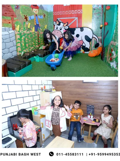 Our pretend play areas, like the farm and kitchen, are always buzzing with activity during birthday parties.