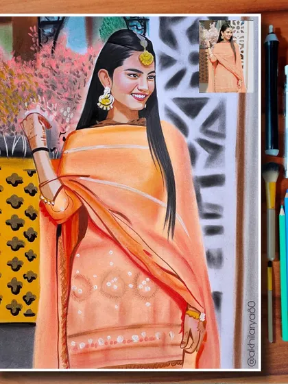 A lovely A3 colored pencil portrait of a woman in a peach-colored traditional outfit. The soft background colors help to make her the complete focus of the artwork.