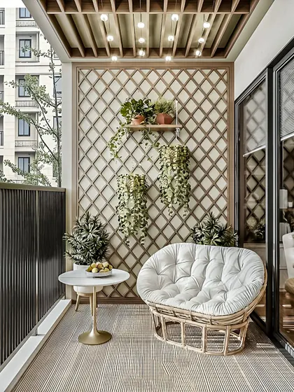 A serene and comfortable reading nook featuring a plush papasan chair. The woven texture of the chair complements the wooden lattice wall, creating a warm and inviting corner.