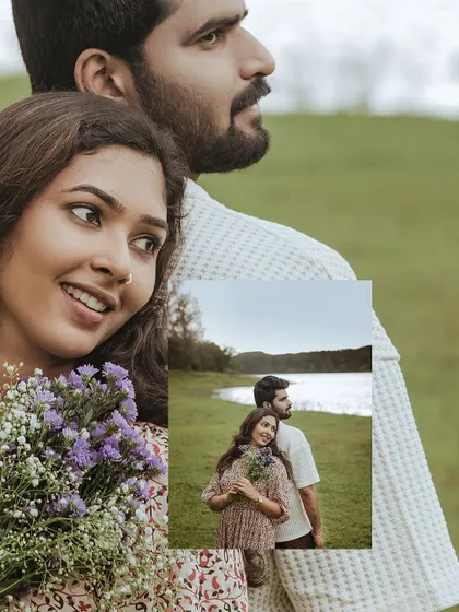 An artistic collage layering a close-up portrait over a wider shot of the couple by the lake.