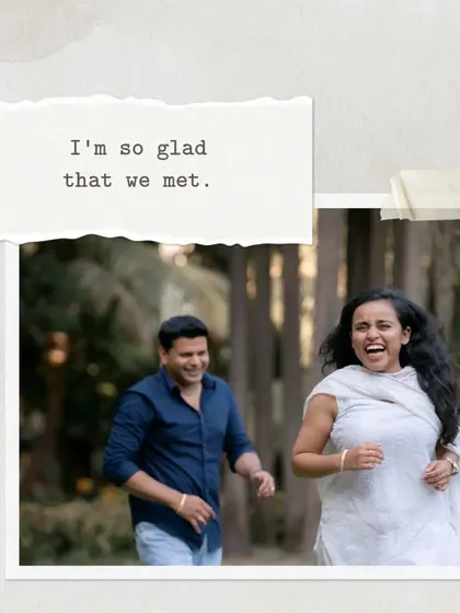 A candid shot of a couple running and laughing, presented in a scrapbook style. This shows my ability to capture spontaneous, joyful moments that truly reflect a couple's personality.