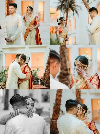 The emotional "first look" between the bride and groom, captured in a beautiful sequence of color and black and white photos.