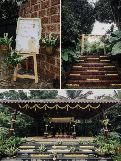 This collage showcases the beautiful, rustic decor of a South Indian wedding venue. From the welcome sign to the entrance and the mandap, it captures the charming and natural ambiance.