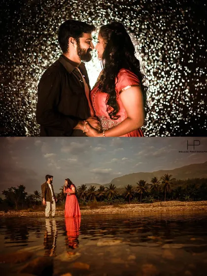 A collage combining a close-up, intimate portrait with a wide, scenic shot of the couple by a river. This shows how we can capture both emotion and environment in one pre-wedding session.