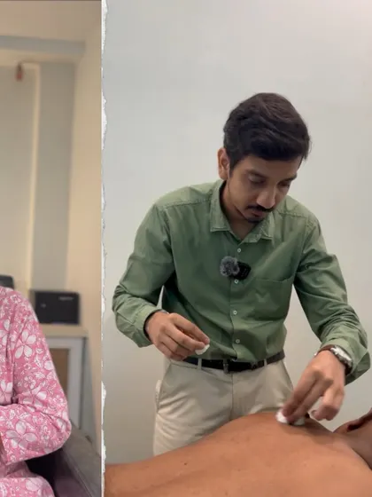 From consultation to therapy. This collage shows a client speaking about her experience and a therapist carefully performing a treatment on the back. It's a snapshot of the complete, personalized care we provide.