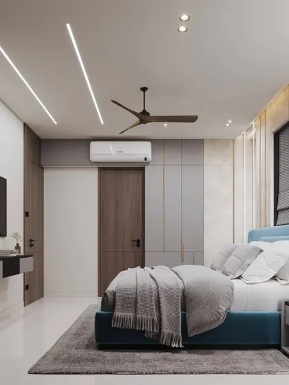 A 3D render of a modern bedroom with a blue upholstered bed, a sleek TV unit, and a black glass wardrobe. The linear lighting on the ceiling adds to the contemporary feel.