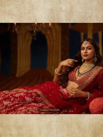The styling for Upapatni Aanandhi, the king's concubine. Her vibrant red lehenga and reclining pose were chosen to portray a character of alluring beauty and confidence.