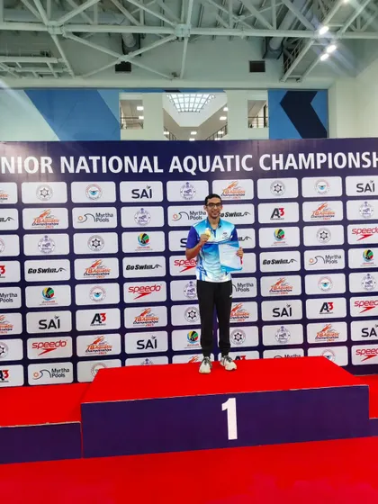 Our swimmer Shoan Ganguly stands proudly on the top of the podium after winning gold in the Men's 400m Individual Medley. His performance set a new national record and was recognized as India's best performance in the event.