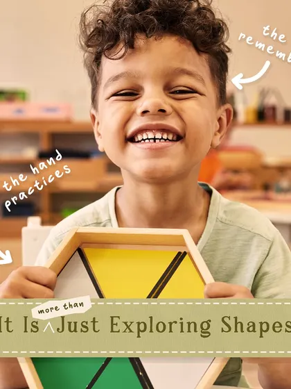 This child is exploring the Hexagonal Box, a Montessori sensorial material. It's more than just exploring shapes; it's an indirect preparation for geometry, showing how all plane figures are composed of triangles.