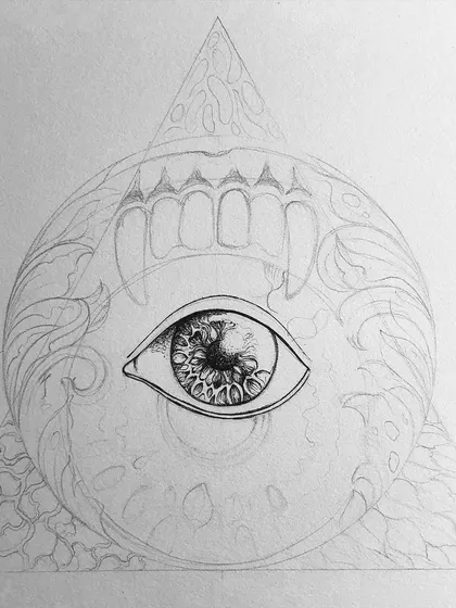 An early inking stage of the vampire eye design.