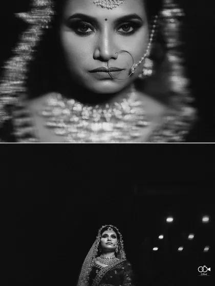 A dramatic black and white collage of the bride's portraits, showcasing her beauty and intensity.