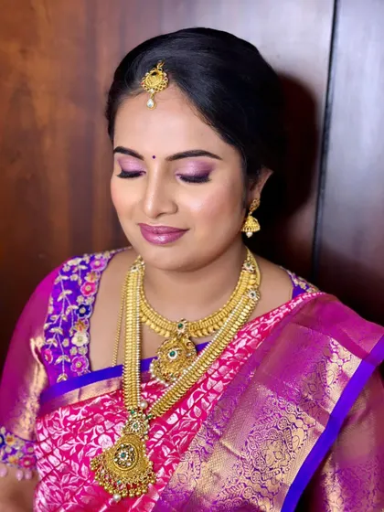 A close-up of Vijayashree's eye makeup, showing the soft blend of colors.