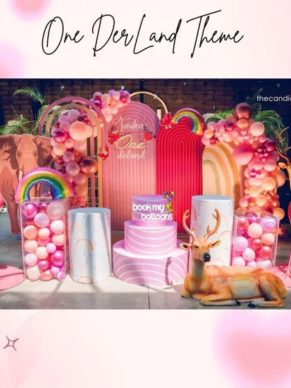 We created a "One-deer-land" for this first birthday, combining rainbows, flamingos, and deer for a whimsical woodland party. The vibrant pink decor and animal props made for a truly unique and memorable celebration.