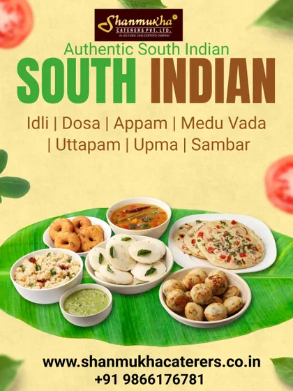 An authentic South Indian tiffin spread. It includes Idli, Dosa, Appam, Medu Vada, Uttapam, and Upma, served with delicious Sambar for a complete breakfast experience.