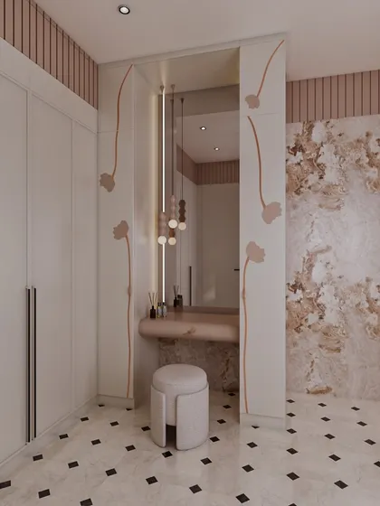 A full vanity and wardrobe area is seamlessly built into the bathroom design. Delicate floral motifs are painted on the wall, echoing the room's artistic feel, while pendant lights add a touch of modern elegance.