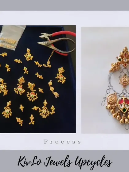 A look at the process of upcycling. All the small, dismantled pieces from an old necklace are laid out, ready to be reassembled into a new design, like these stunning chaandbali earrings.