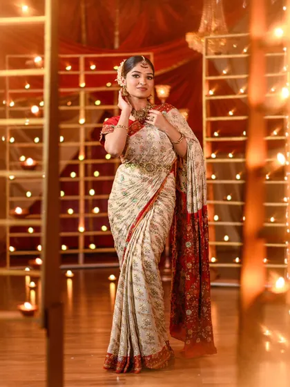 A full-length shot showcasing the complete Diwali look. I also provided wardrobe styling and saree draping for this shoot to bring the entire vision to life.