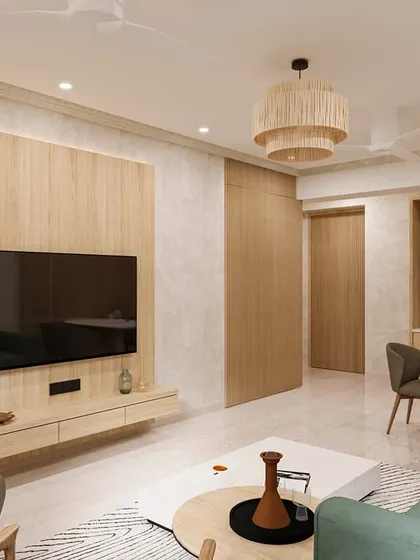 This 3D render exemplifies Modern Minimalist design with strong Scandinavian and Japandi influences. The TV wall is finished with a warm veneer panel, anchoring the space.