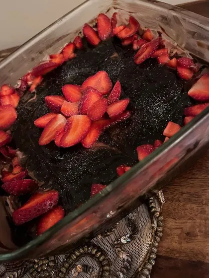 A tray of my Strawberry Chocolate Delight, a rich and fruity dessert that is always a hit.