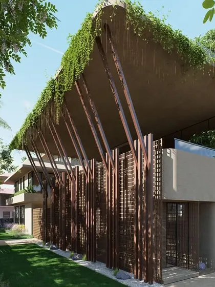 Another view of The Sanctuary's facade, showing how the angled timber supports and vertical wooden screens create a sense of enclosure while remaining light and porous. The design serves as an urban oasis in the middle of the city.