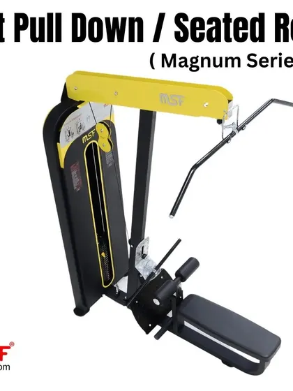 The Lat Pulldown / Seated Row combo machine from our Magnum Series, featuring a bold yellow and black design.