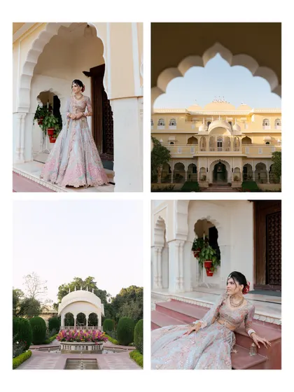 A collage capturing the grandeur of a palace venue and the elegance of the bride in her pastel lehenga, showcasing different angles and settings.