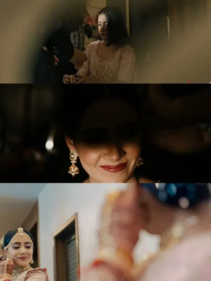 A collage of candid getting-ready moments, shot through doorways and reflections for an artistic, documentary feel.